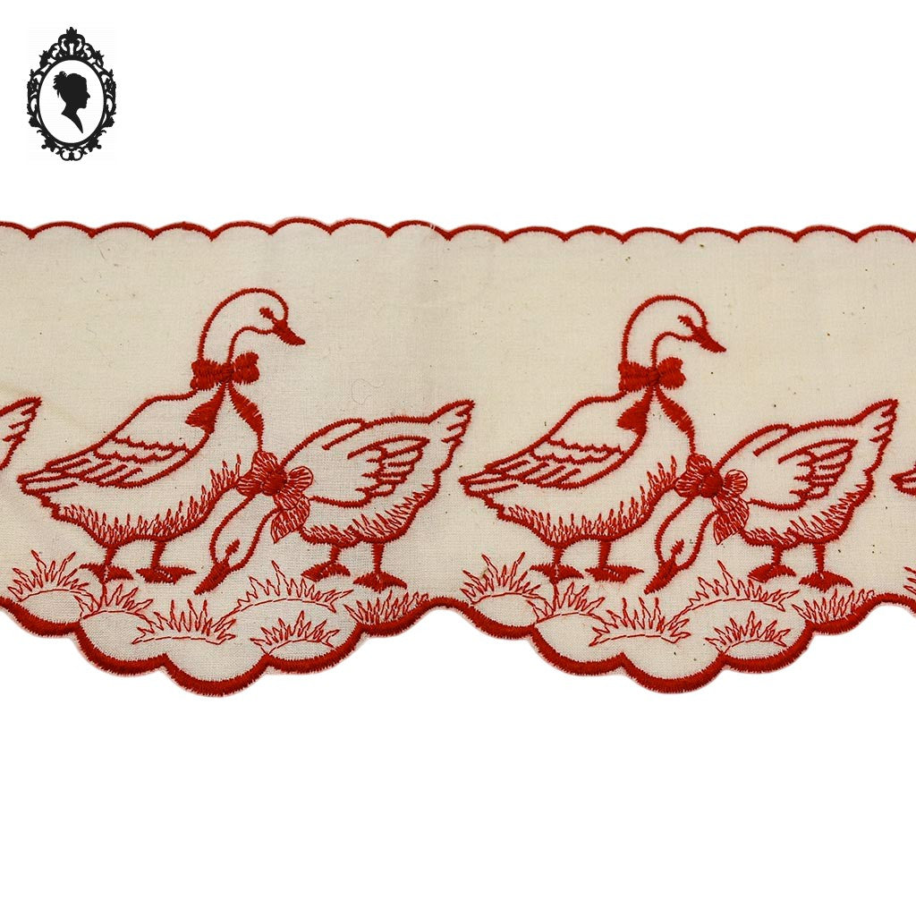 Bordure étagère galon frise broderie rouge et beige clair oiseau oie festonné H 12 cm mercerie vintage