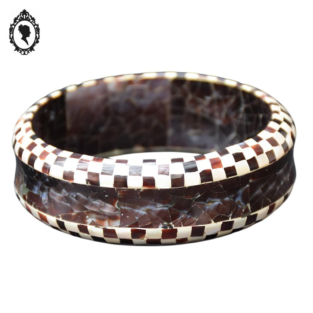 Bracelet jonc damier nacre marron beige vintage