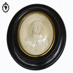 Cadre ovale noir verre bombé avec le buste de la vierge Marie reliquaire ancien