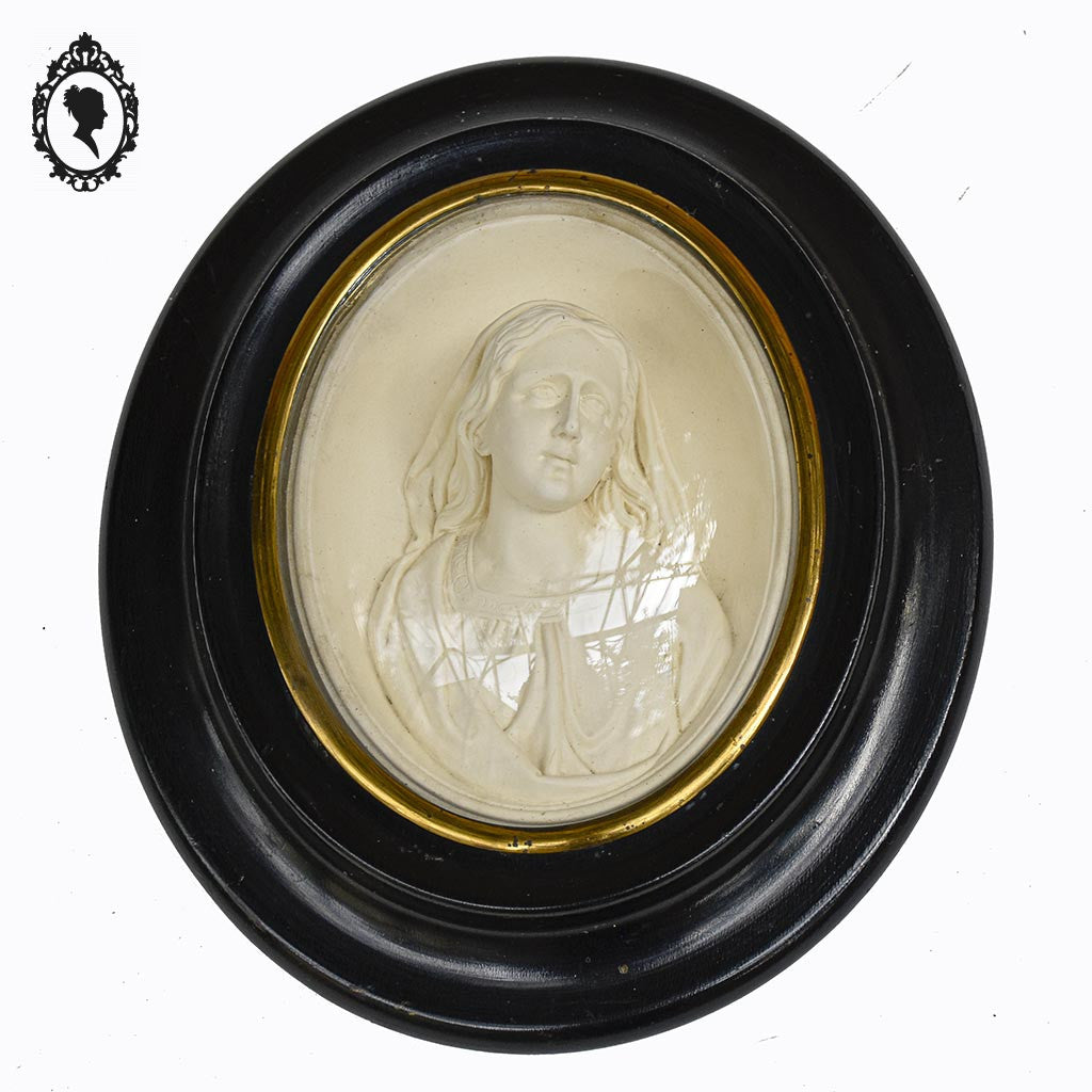 Cadre ovale noir verre bombé avec le buste de la vierge Marie reliquaire ancien