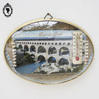 Cadre verre bombé ovale ovoïde thermomètre carte Pont du Gard vintage 18 x 15 cm