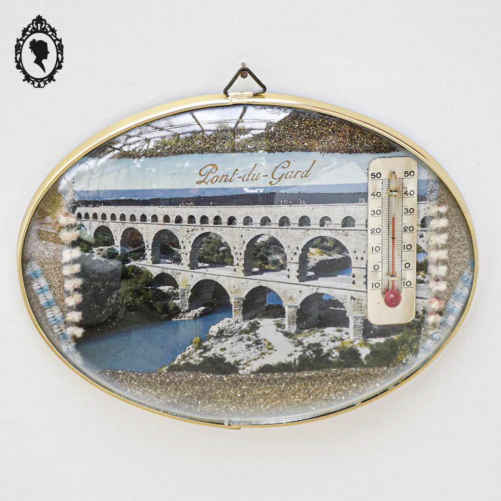 Cadre verre bombé ovale ovoïde thermomètre carte Pont du Gard vintage 18 x 15 cm
