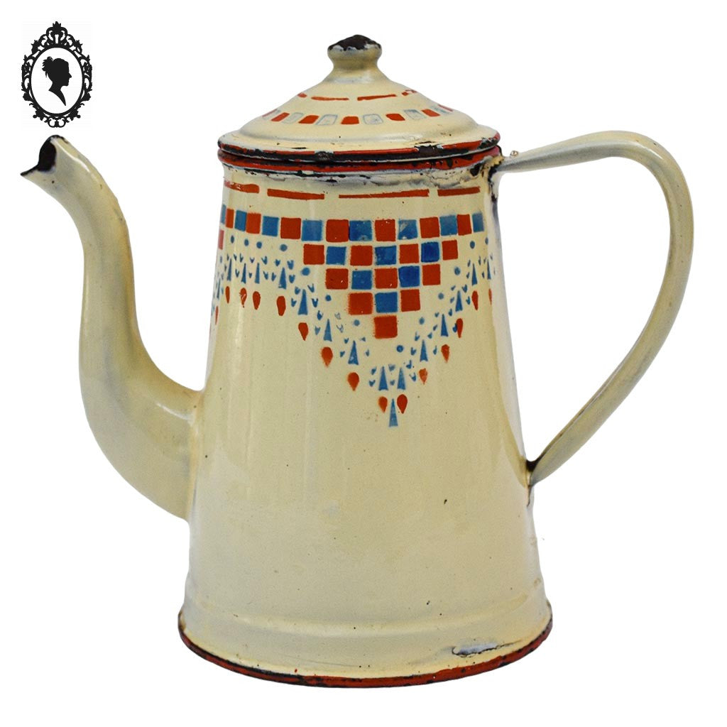 Cafetière émaillée ancienne beige bleu rouge orangé style Lustucru objet de cuisine vintage