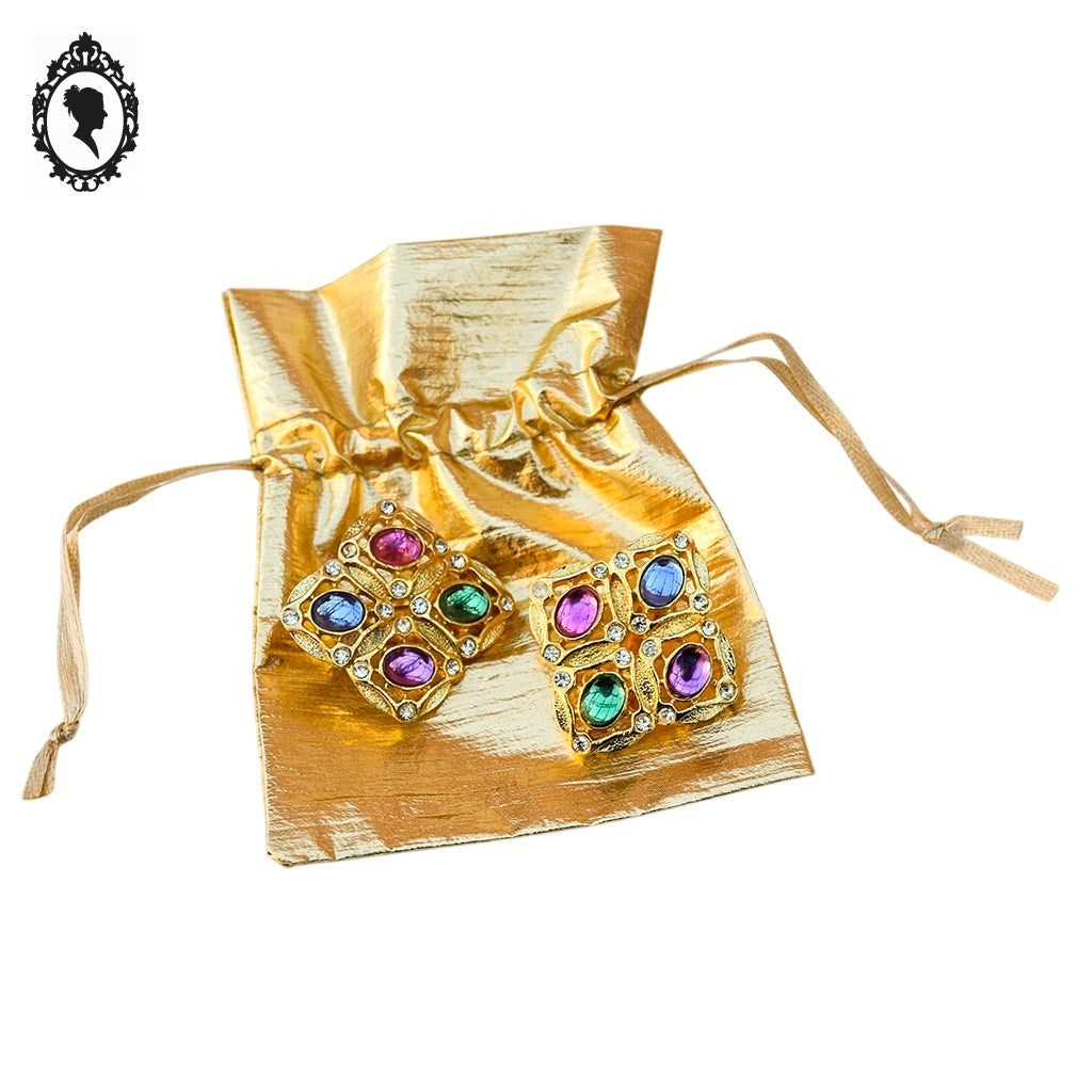 Boucles d’oreilles clips métal doré losange perles cabochon vintage