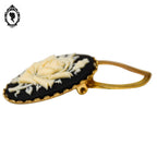 Chic broche attache à foulard camée fleurie noir beige sur métal doré bijou fantaisie
