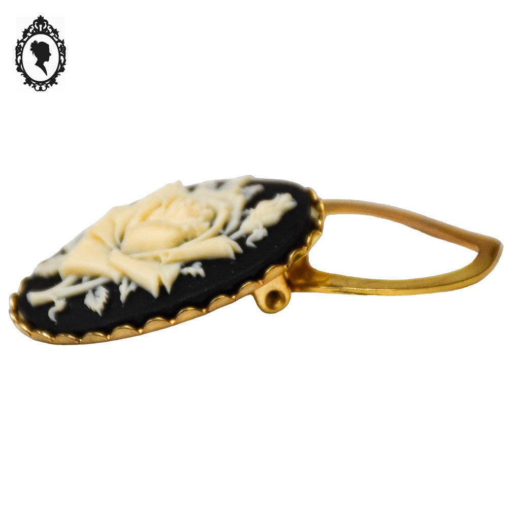 Chic broche attache à foulard camée fleurie noir beige sur métal doré bijou fantaisie