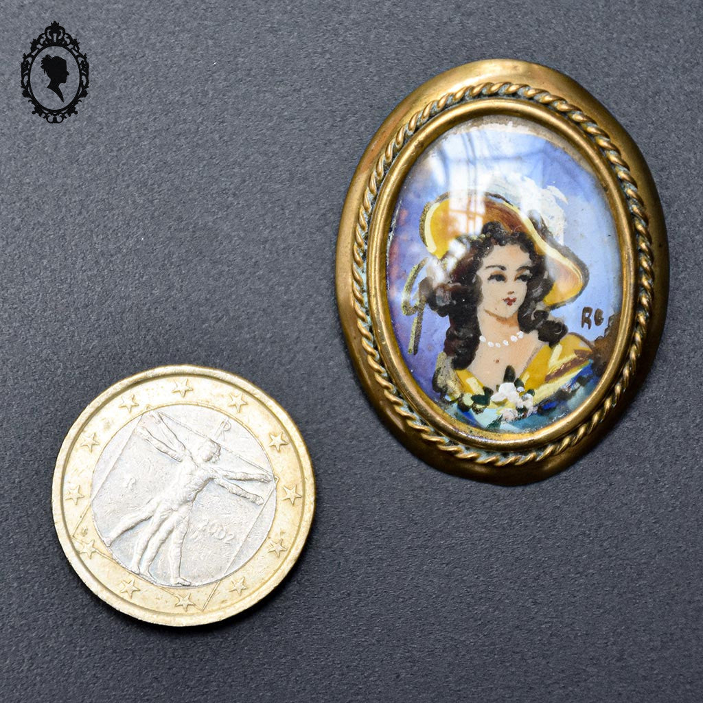 Chic broche peinture ovale portrait signée RC et laiton doré bijoux ancien vintage