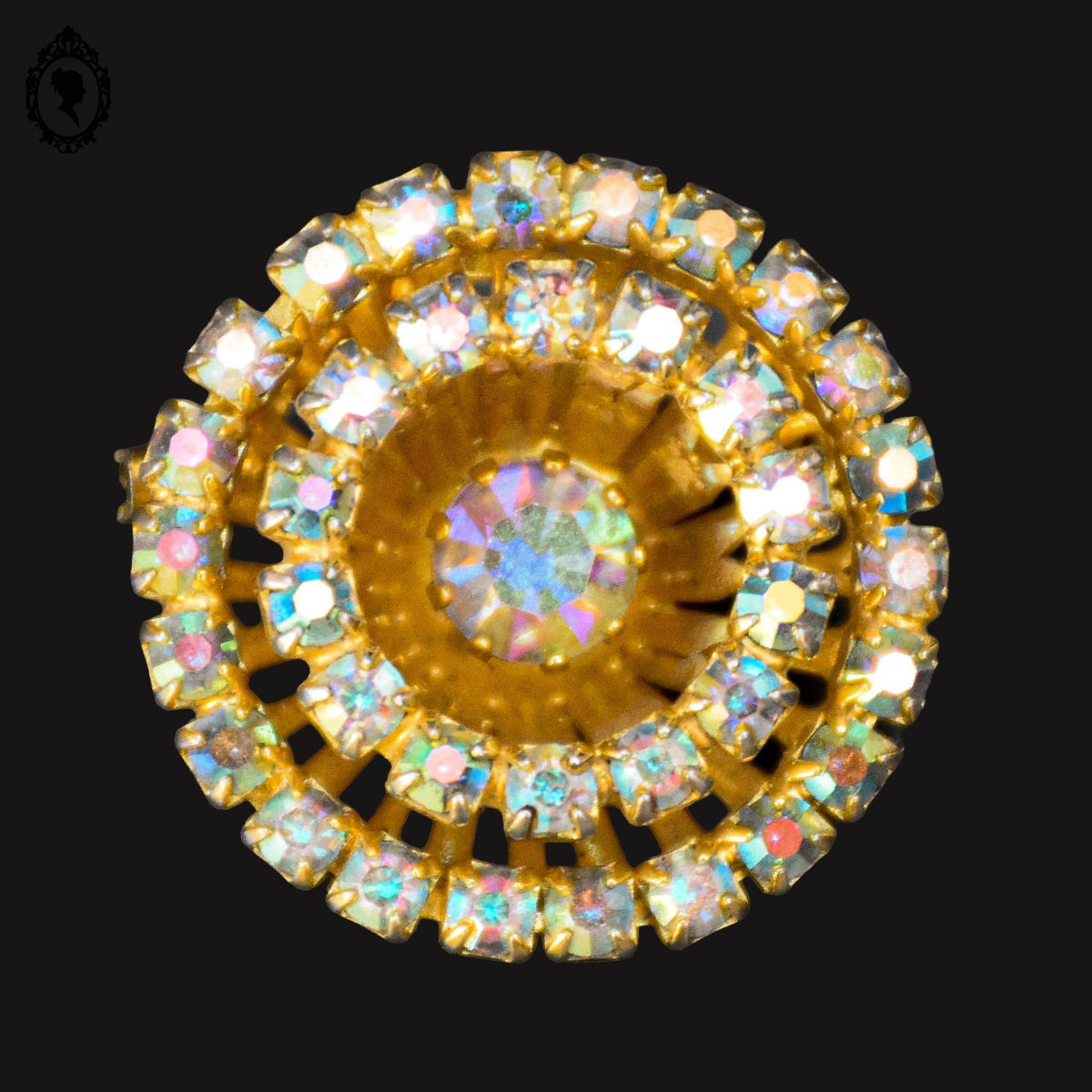 Chic broche strass cristal aurore boréale multi couleur ronde métal doré bijoux ancien vintage