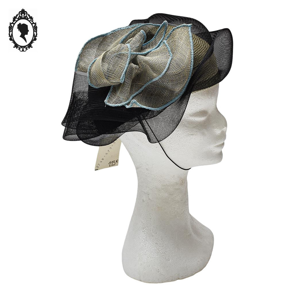 Chic chapeau été femme beige noir bleu fibre naturelle T M / 57 cm