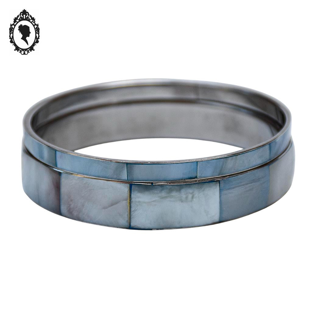 Chic ensemble de 2 bracelets joncs nacre bleue métal vintage