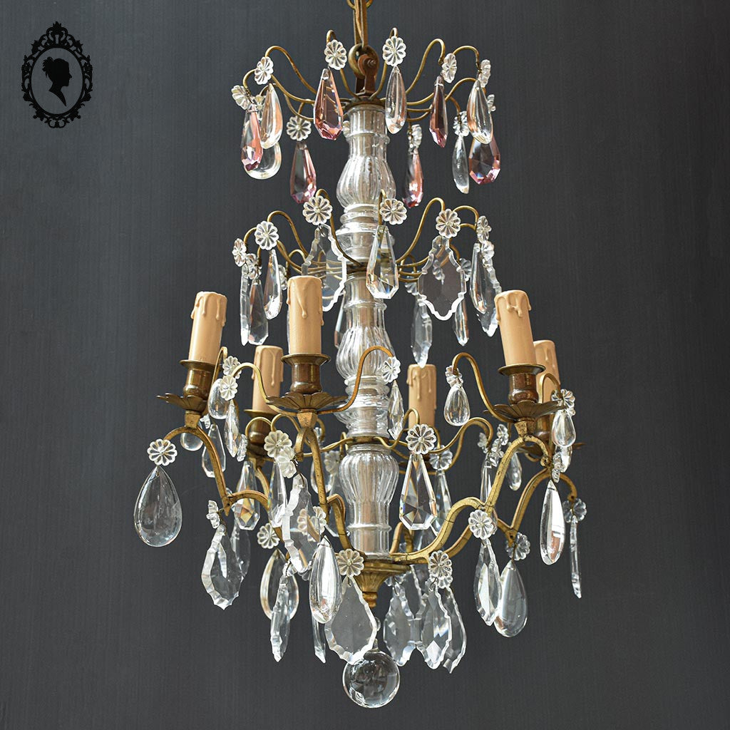 Chic lustre à pampilles bronze doré 6 feux enfilage verre ancien