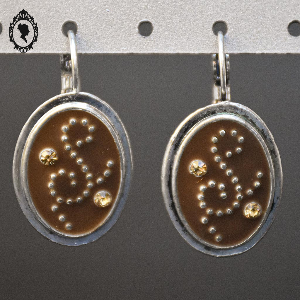 Chic paire de boucles d’oreilles pendantes marron strass S métal gris neuf