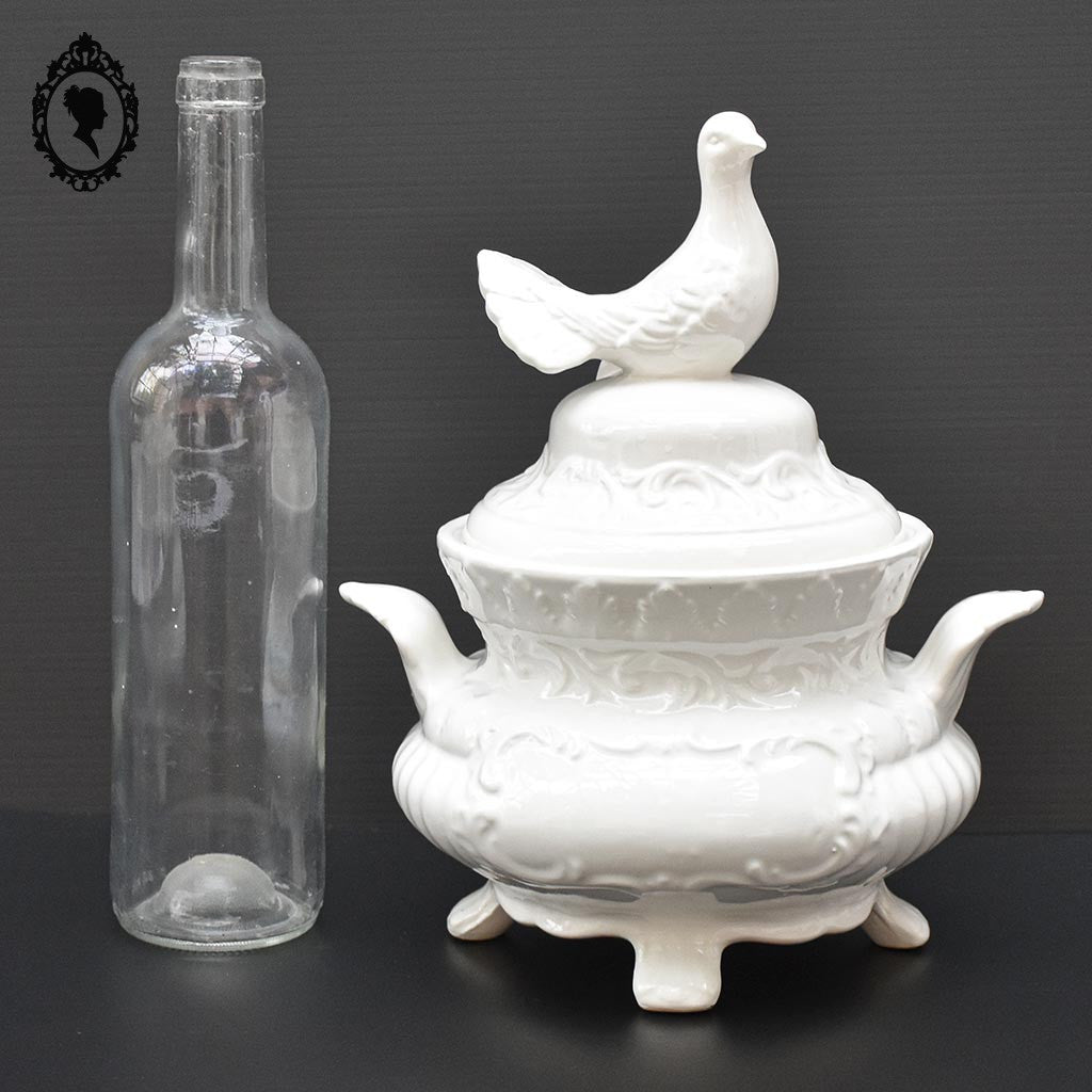 Chic soupière porcelaine blanche oiseau colombe Italie vintage
