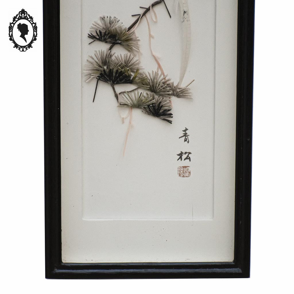 Chic tableau cadre à relief chinois asiatique blanc gris noir oiseau plume vintage