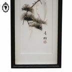 Chic tableau cadre à relief chinois asiatique blanc gris noir oiseau plume vintage