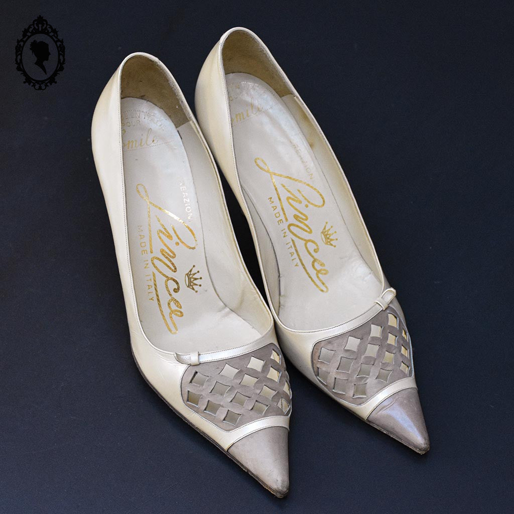Chics escarpins à talon italien en cuir beige nacré Linca ou Limca P 36 vintage