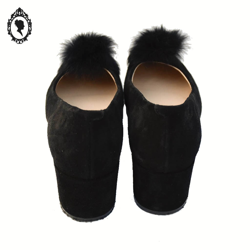 Chics escarpins ballerine à talon pompon nubuck noir P 38 vintage