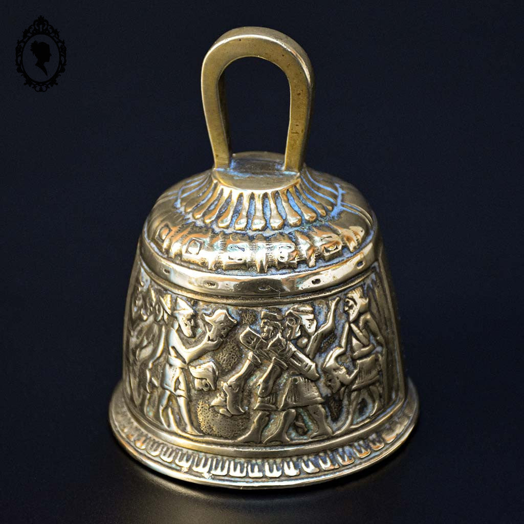 Cloche grelot, clochette de table bronze doré scène personnage vintage ancien