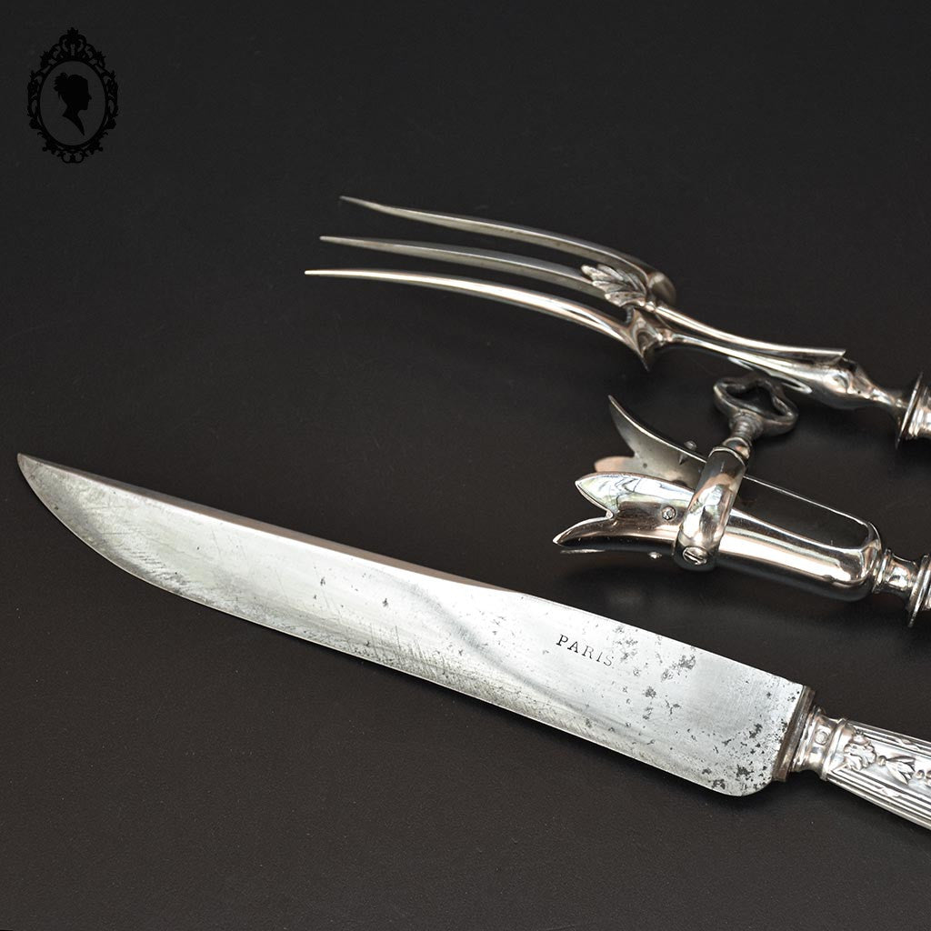 Coffret 3 couverts service complet à découper gigot argent fourré décor Louis XV ancien XIX ième