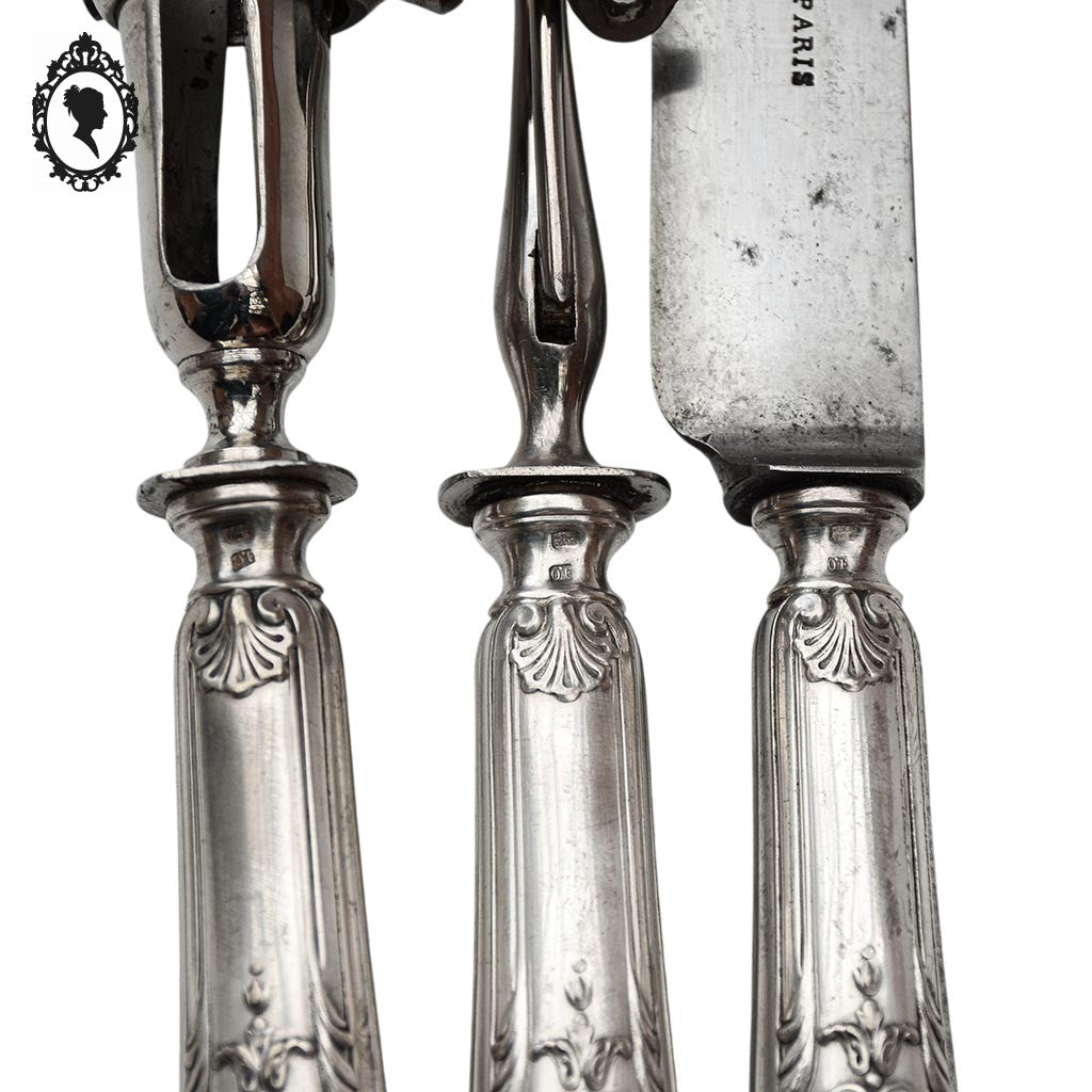Coffret 3 couverts service complet à découper gigot métal argent décor Louis XV ancien XIX ième