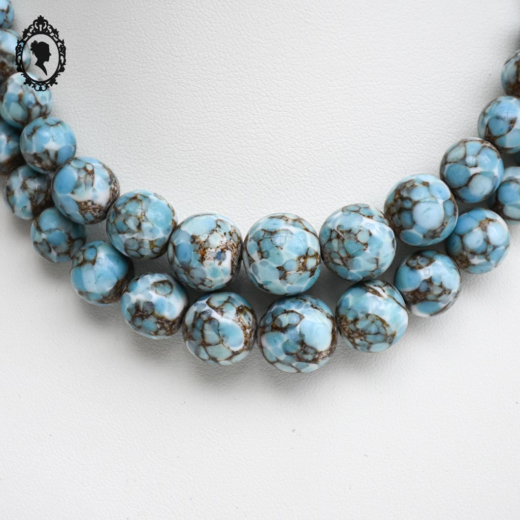 Collier ancien art déco 2 rangs de perles bleu porcelaine émaillée effet marbré
