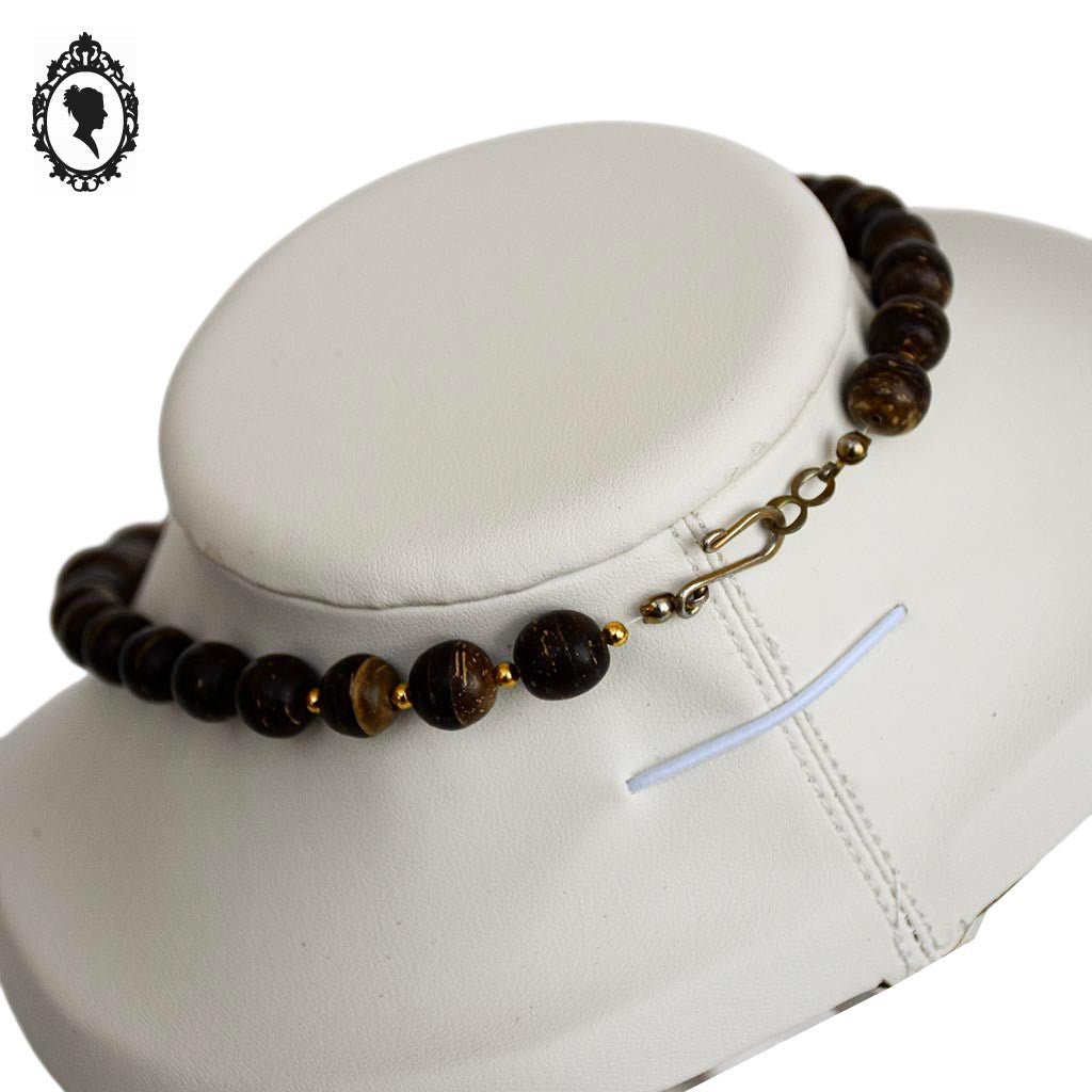 Collier cascade perles rondes en bois marron et doré style bohème nature chic vintage