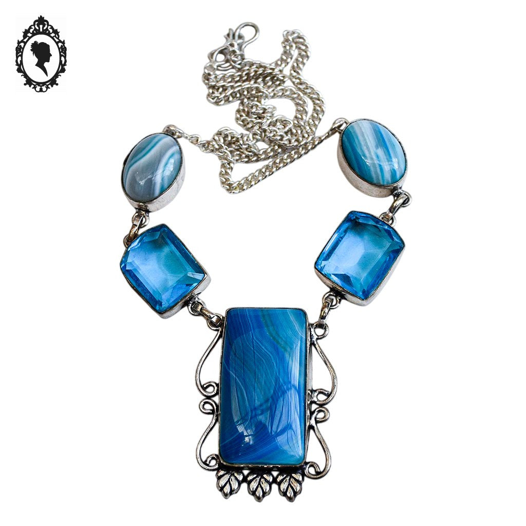 Collier en pierre agathe teintée bleue base argent 925 vintage