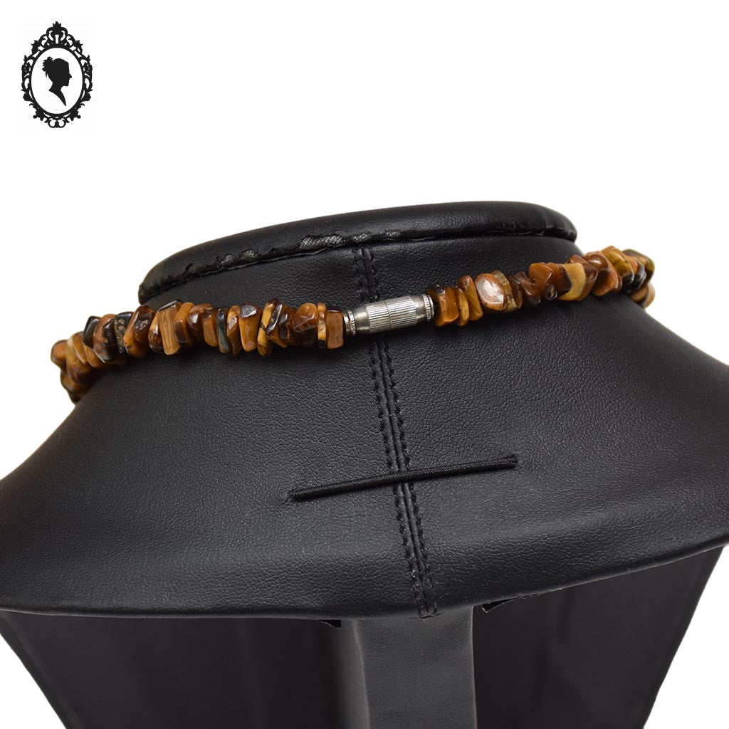 Collier marron en pierre protectrice œil de tigre chips vintage