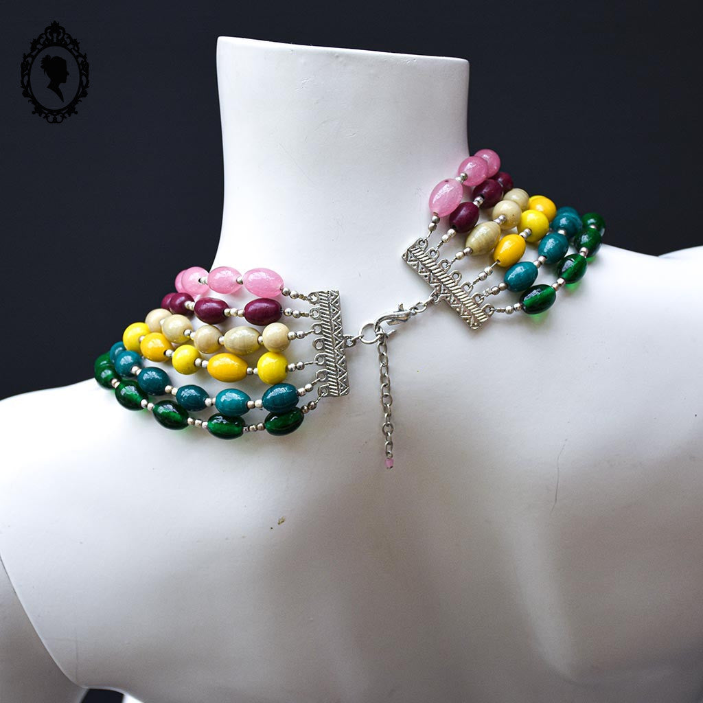 Collier multi couleurs coloré 6 rangs perles en verre fantaisie vintage