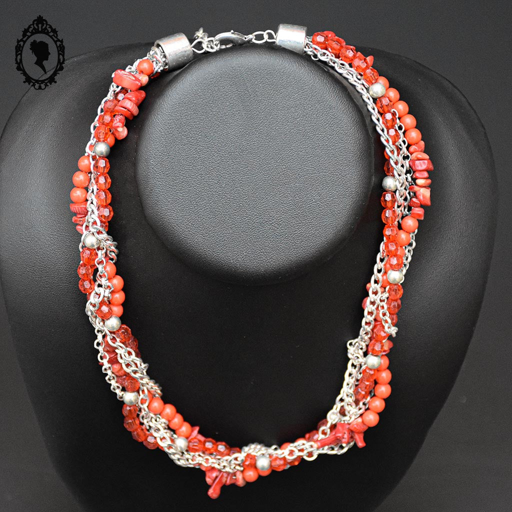 Collier rouge pierre corail 5 rangs fantaisie vintage