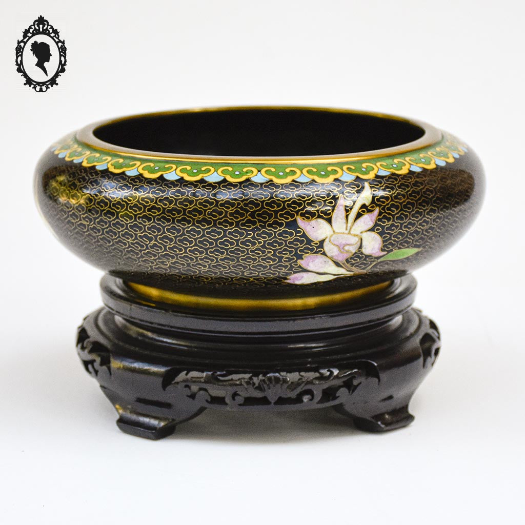 Coupe chinoise en email émaux cloisonnés noir laiton D 18 cm vintage