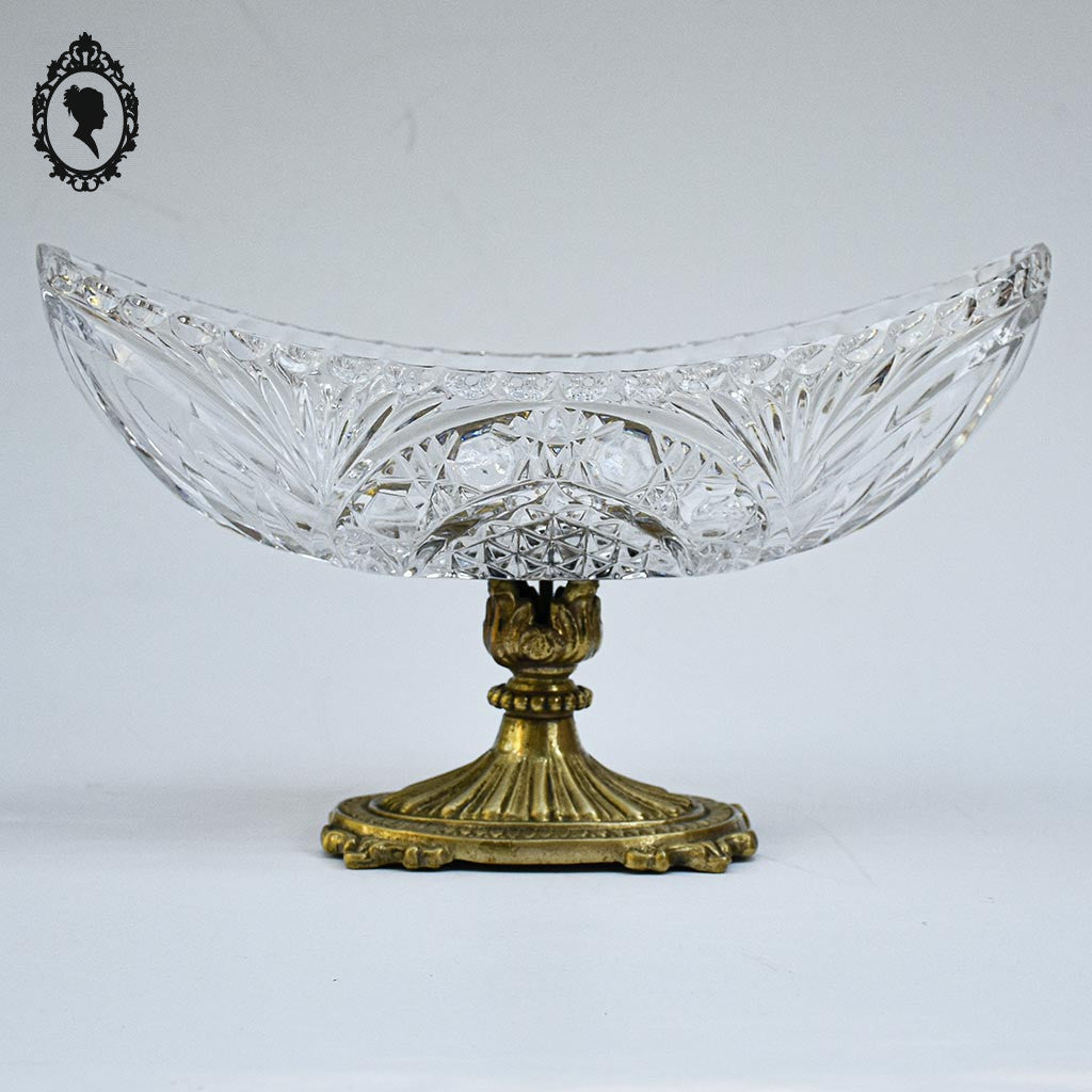 Coupelle sur pied serviteur plat coupe ovale piédouche en cristal et laiton H 15 L 31 cm
