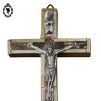 Croix christ crucifix mural en nacre sur bois Jérusalem vintage