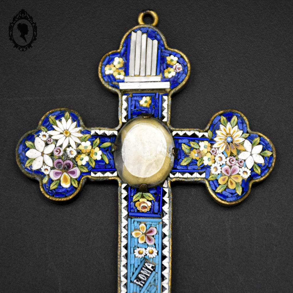 Croix en micro mosaïque de Roma Italienne photo verre H 10,5 cm ancienne