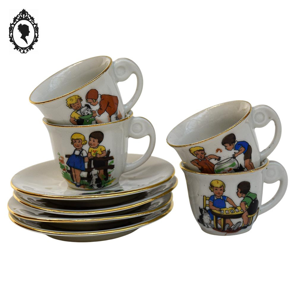 Dînette 4 tasses thé café porcelaine blanche dans l’esprit Germaine Bouret jouet vintage
