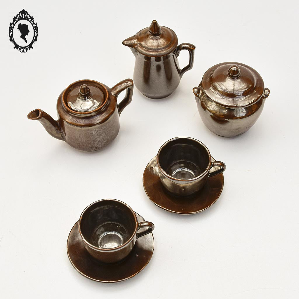 Dinette à café ou thé tasses théière pots en grès marron nacré jouet vintage