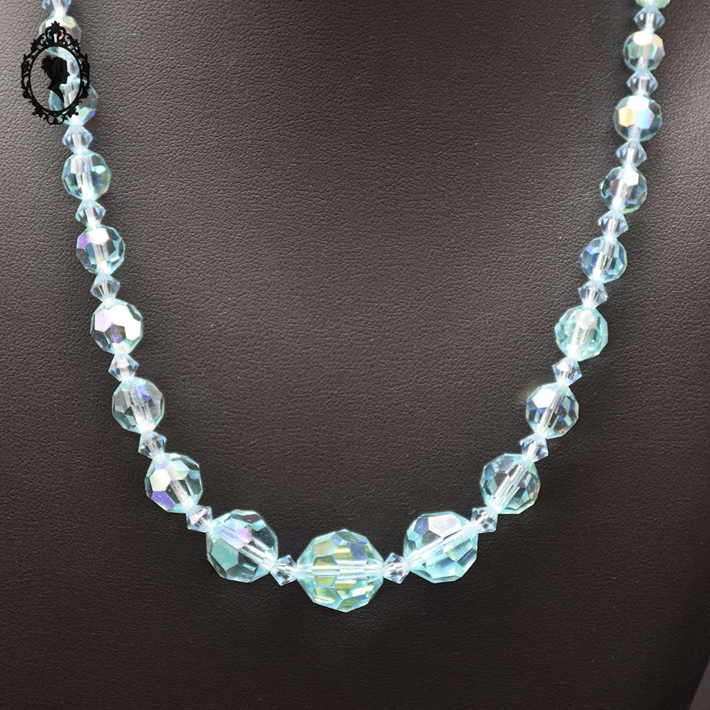 Élégant collier en cristal aurore boréale AB bleu en cascade bijou ancien vintage