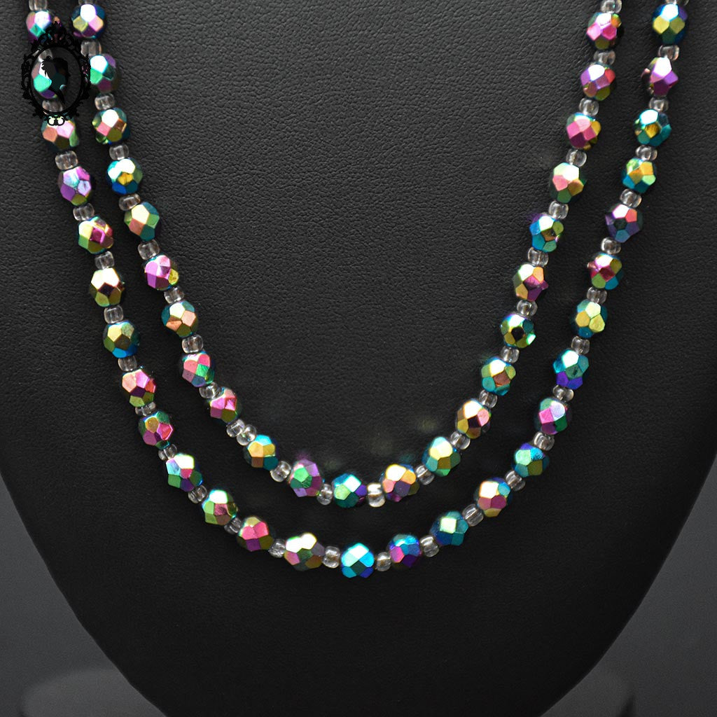 Élégant collier en cristal aurore boréale noir 2 rangs bijou ancien vintage