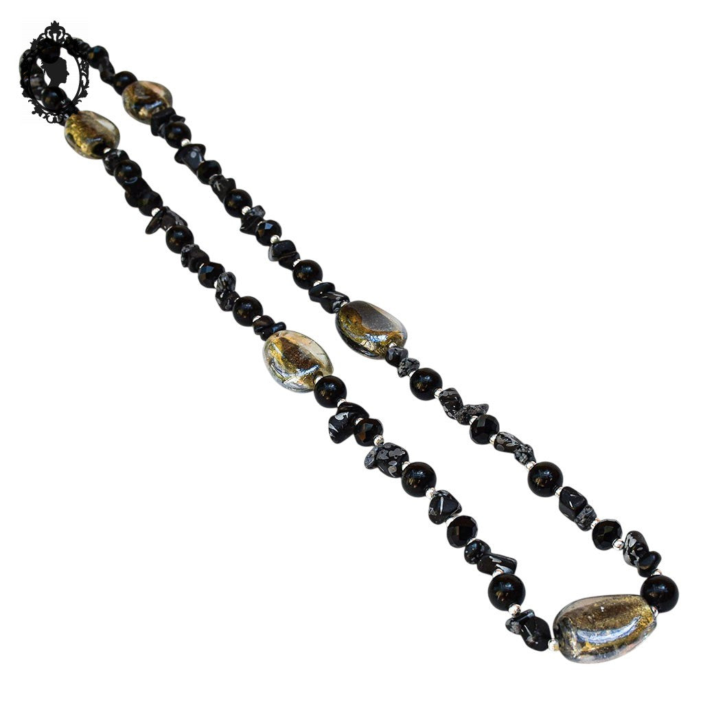 Élégant collier perles de verre Murano et pierre obsidienne noire et grise vintage