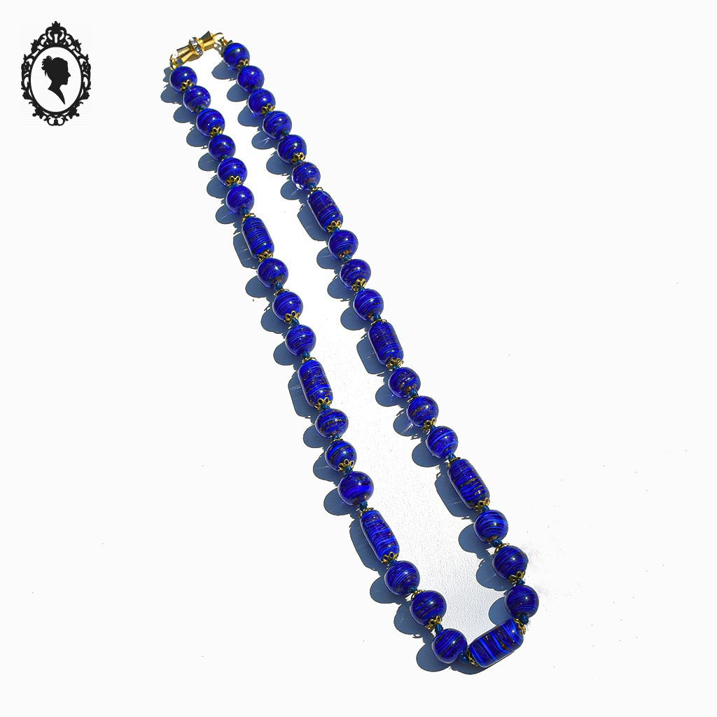 Élégant collier perles de verre vénitien Murano bleu cobalt vintage