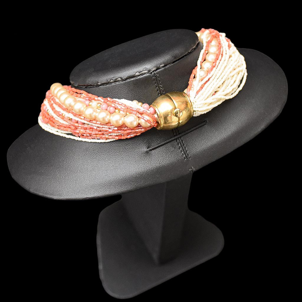 Élégant collier rose saumon beige multi rangs bijou fantaisie vintage