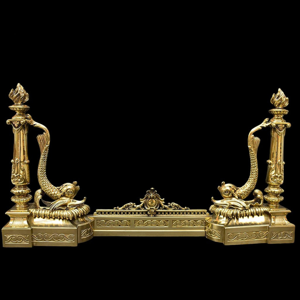 Élégant défenseur de cheminée chenets barre bronze doré chimère dauphin serpent de mer poisson ancien