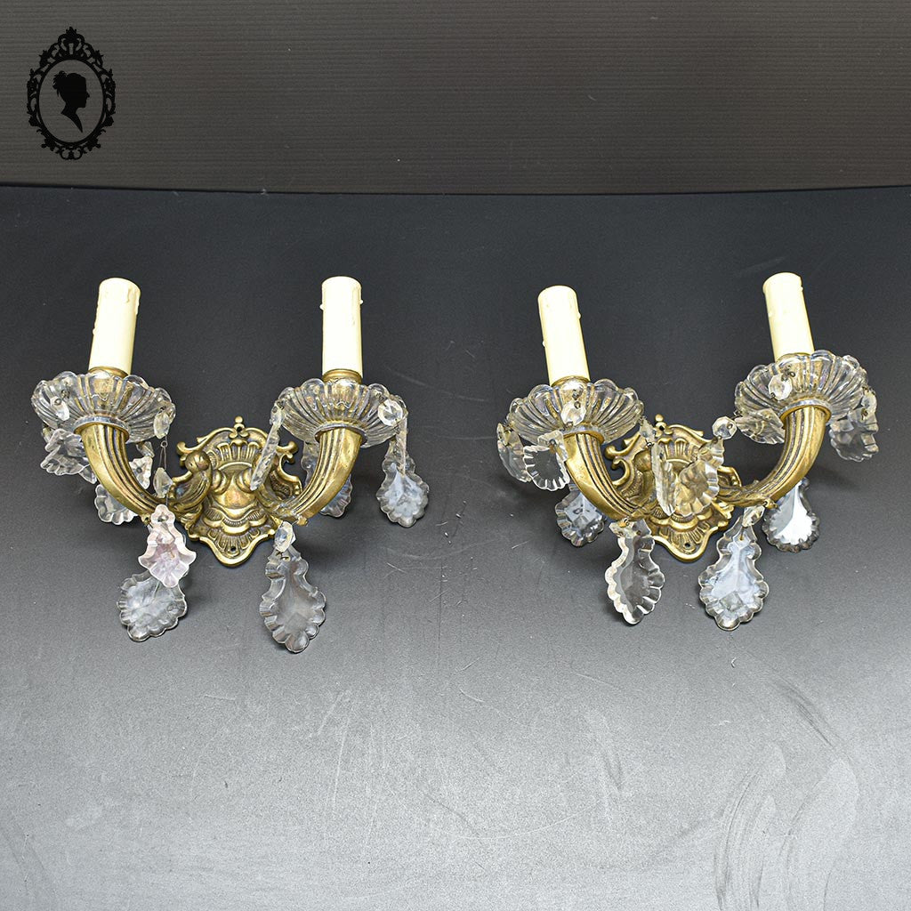 Elégante paire d’appliques en bronze doré pampilles baroque 2 lumières vintage