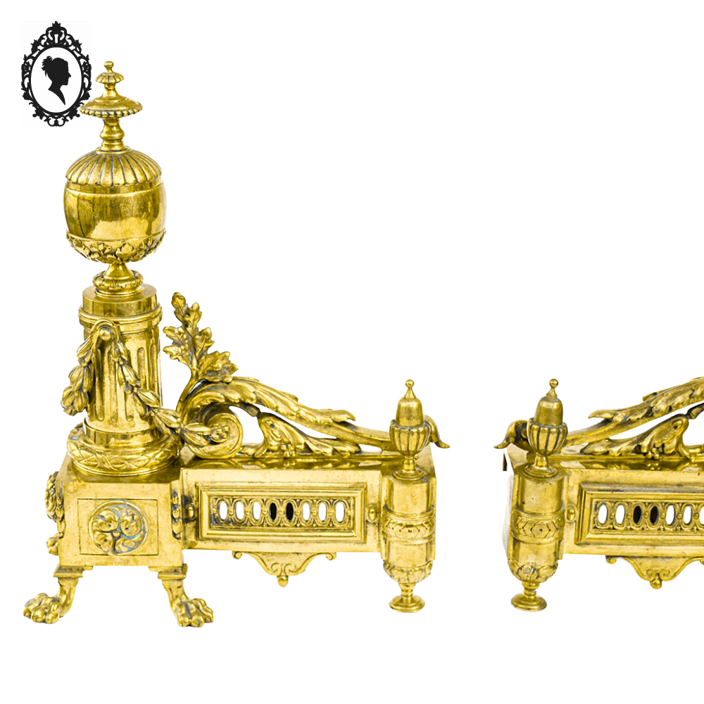 Élégante paire de chenets bronze doré pattes de lion accessoire de cheminée ancien Napoléon 3 XIX ème