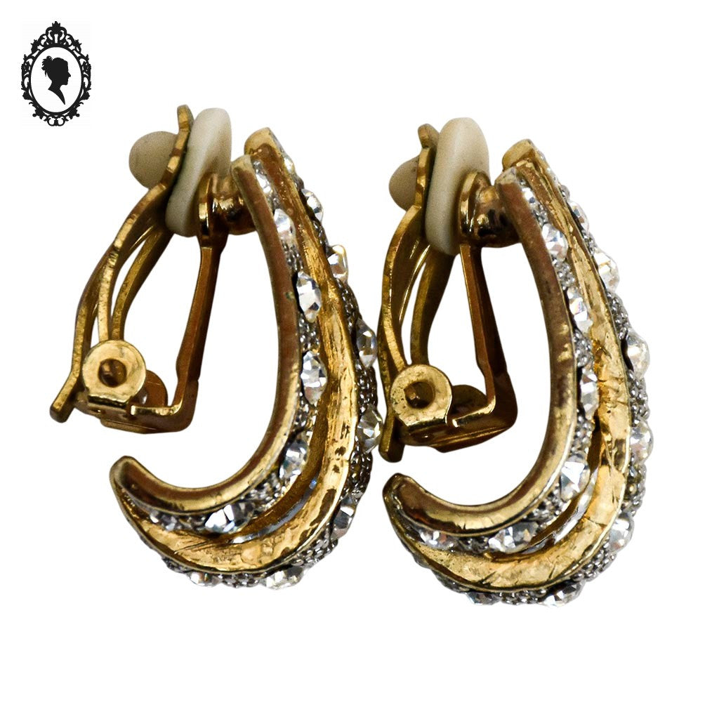 Élégantes boucles d’oreilles clips diamants strass blanc et dorées 3 rangs vintages