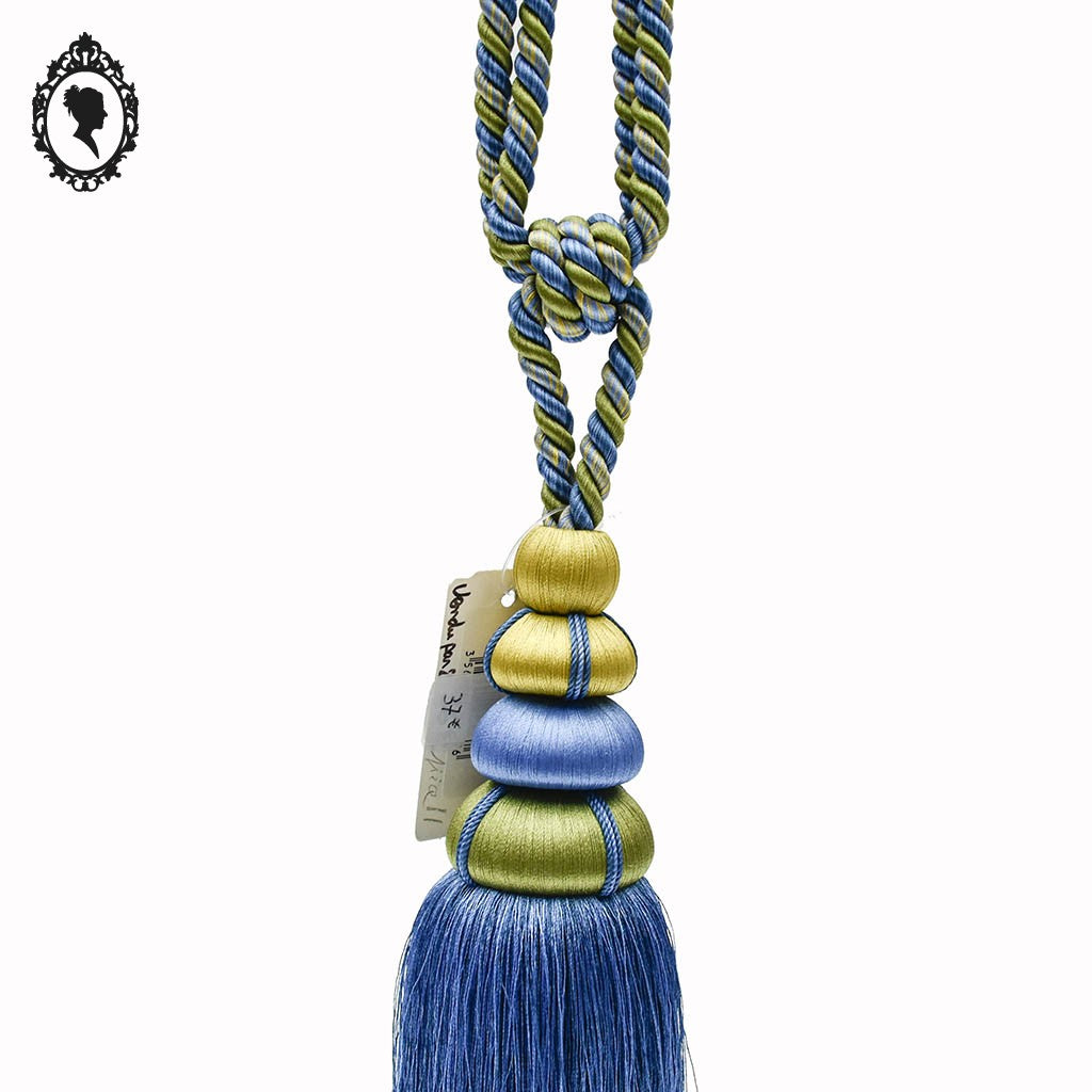 Embrasse gros pompon cordon bleu vert jaune passementerie pour rideau neuf
