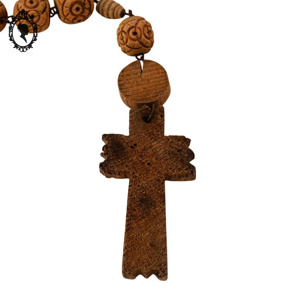 Grand et gros chapelet Rosaire en bois brut objet religieux vintage ancien