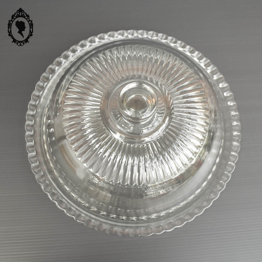 Grande cloche à fromage transparente en verre blanc avec son assiette plateau vintage