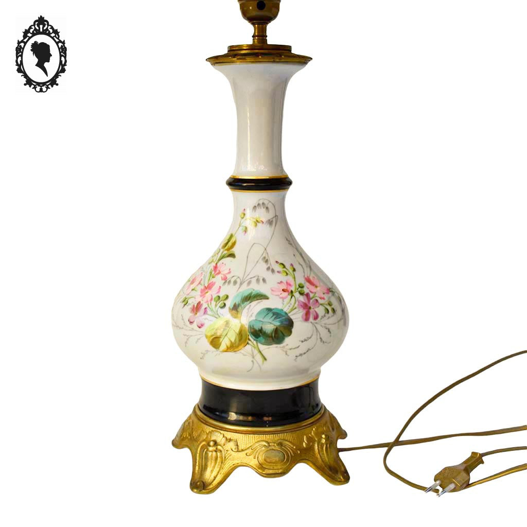 Grande lampe de table à poser porcelaine fleurie laiton ancienne