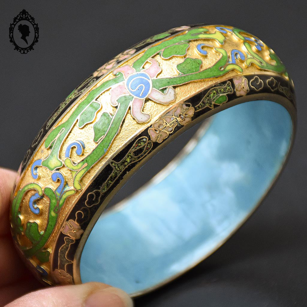Gros bracelet jonc vert noir fleuri rigide émaux cloisonnés champlevés vintage